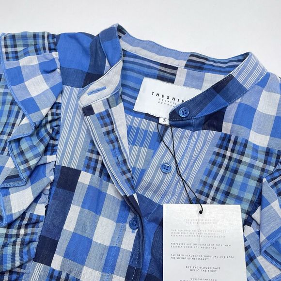 Rochelle Behrens The Shirt‎ Size Small Blue Plaid Button Front Patchwork Ruffle - Picture 5 of 12